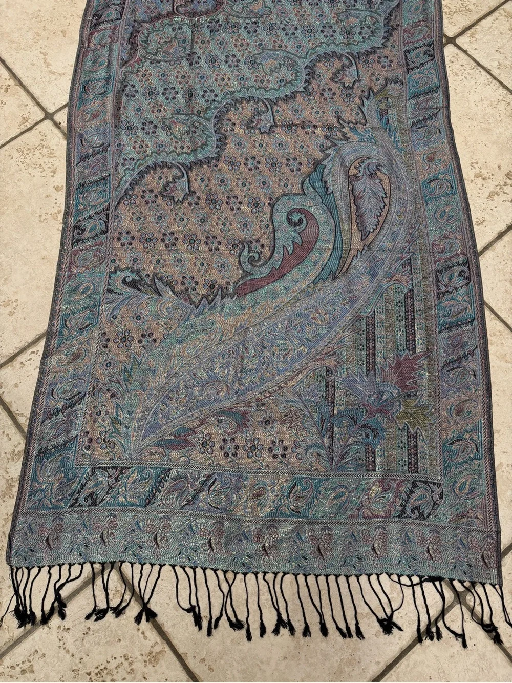 pashmina Teal, Purple & Black Paisley Woven Shawl with Fringe